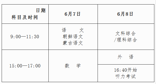 2016年普通高等學(xué)校招生全國統(tǒng)一考試科目時(shí)間安排