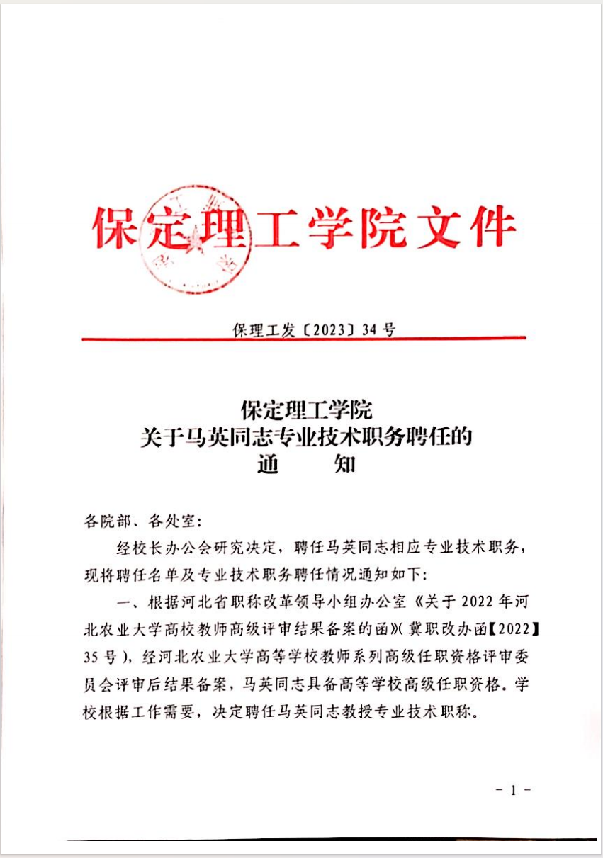 保定理工學院關于馬英等同志專業(yè)技術職務聘任的通知